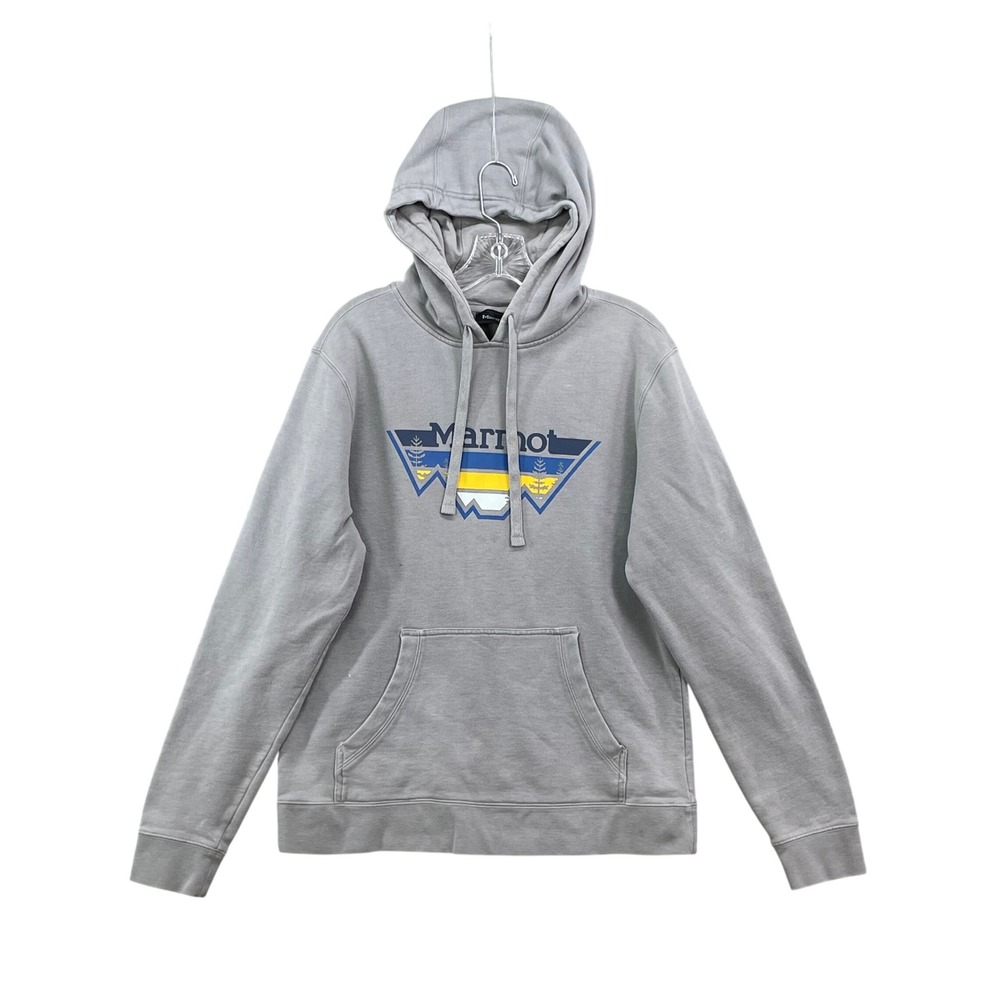 Marmot Hoodie Mens M Gray Mountain Graphic Pullover Fleece Sweatshirt Outdoor